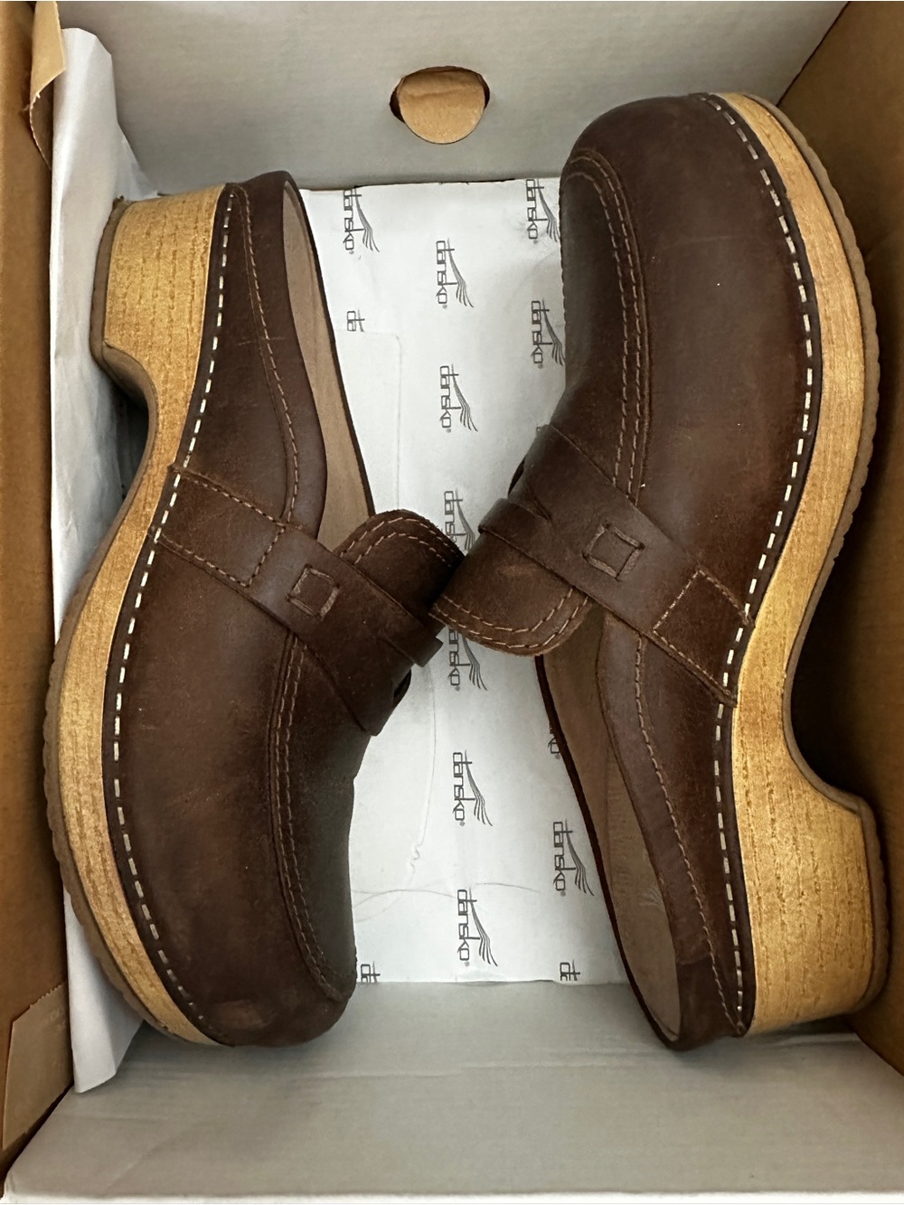 Dansko Brown Leather Slip-On Loafers with Wood-Look Sole